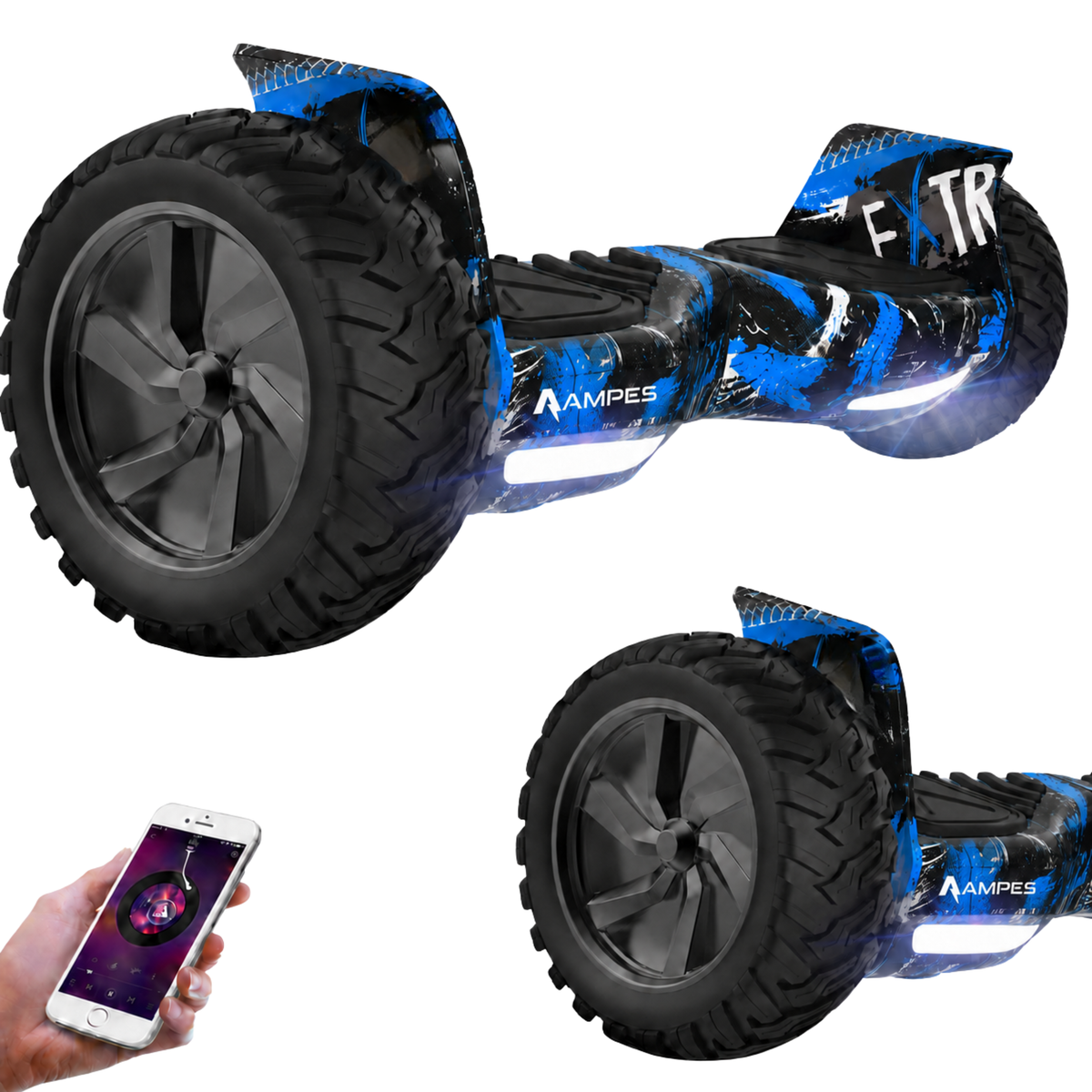 Hoverboard todoterreno 8,5 pulgadas Graffiti Azul – vista frontal en tres cuartos con neumáticos todoterreno