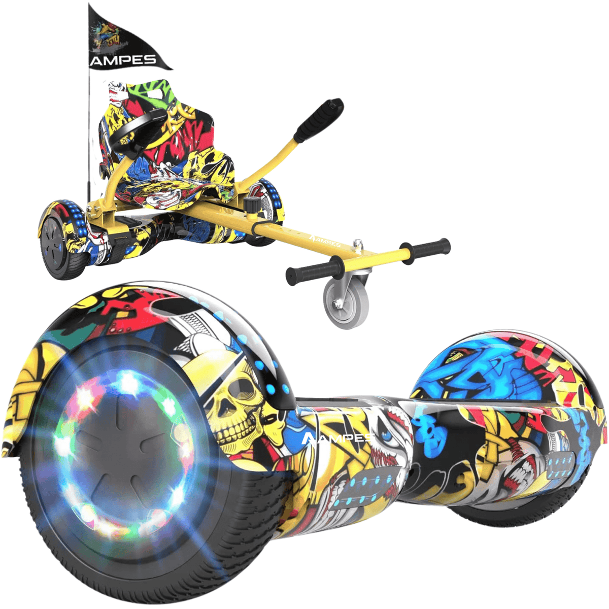Hoverboard con silla 6,5 pulgadas Hip Hop + hoverkart Hip Hop – hoverboard y kart con bastidor amarillo y asiento Hip Hop