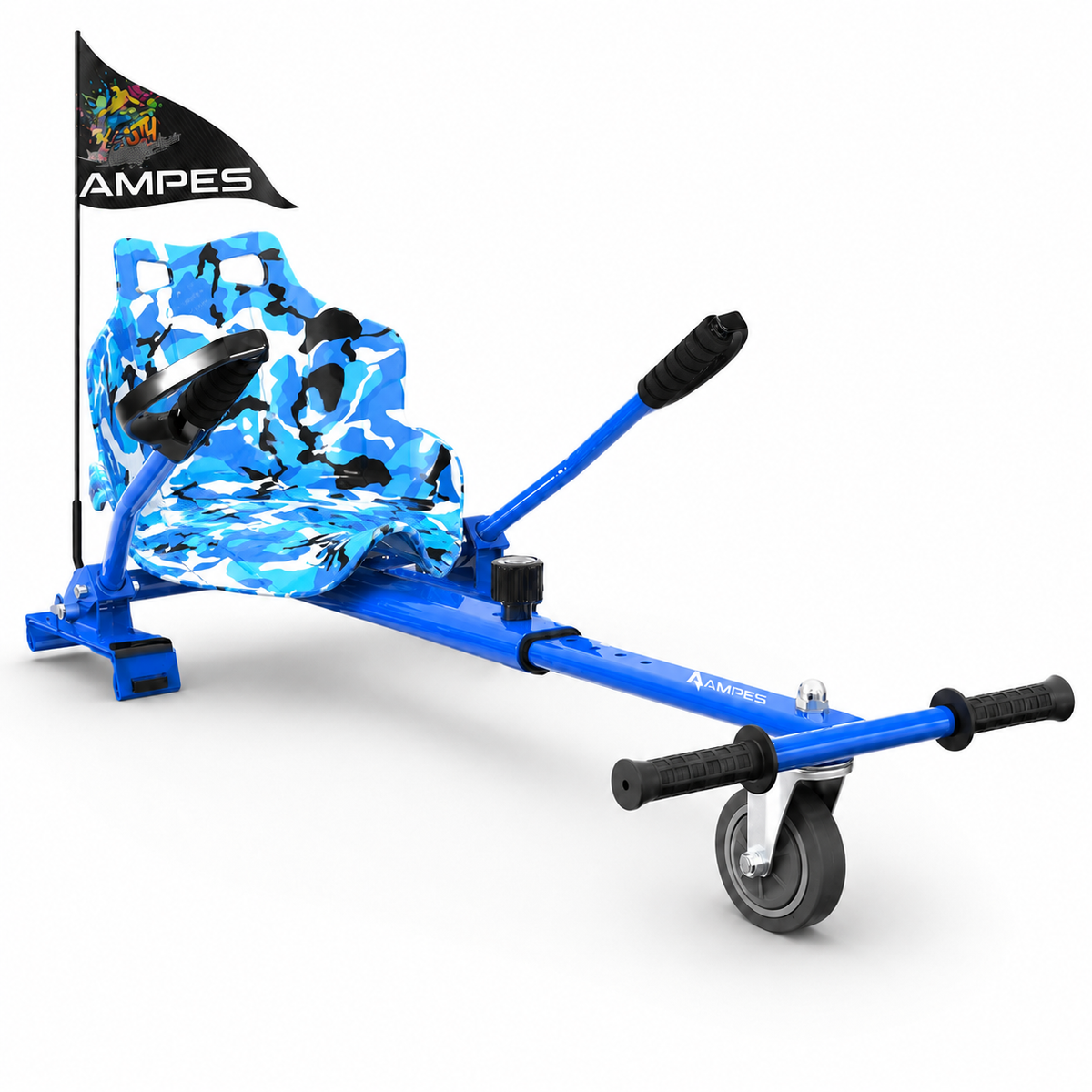Hoverkart Azul – vista frontal en tres cuartos con bastidor azul, asiento de camuflaje azul y palancas de dirección