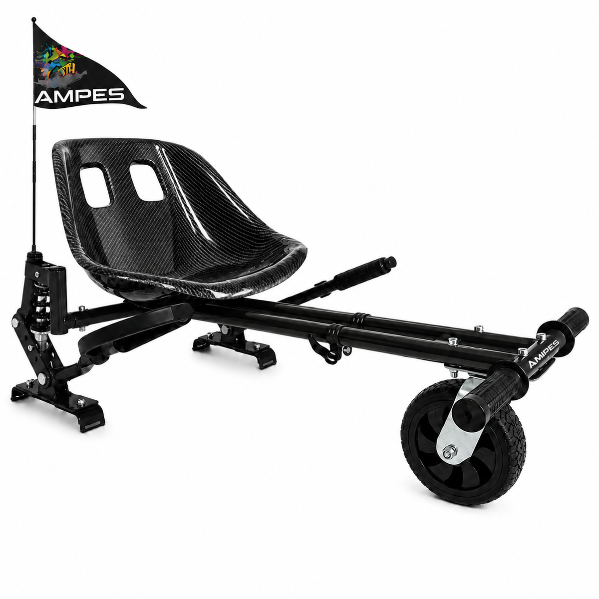 Hoverkart Carbono con amortiguadores – vista frontal en tres cuartos con asiento baquet efecto carbono y amortiguador