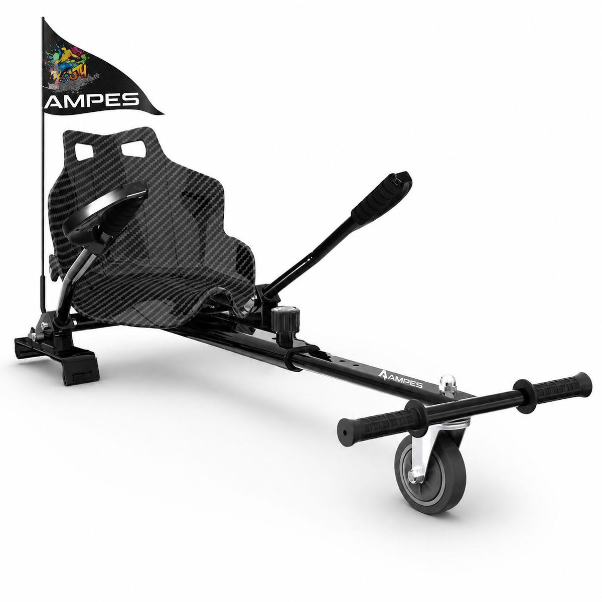 Hoverkart Carbono – vista frontal en tres cuartos con asiento efecto carbono, bastidor negro y palancas de dirección