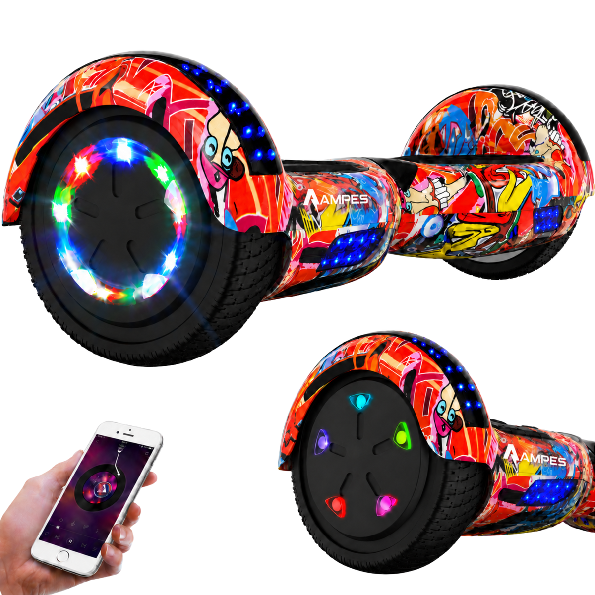 Hoverboard 6,5 pulgadas Graffiti – dos vistas con luces LED en las ruedas, sin manillar