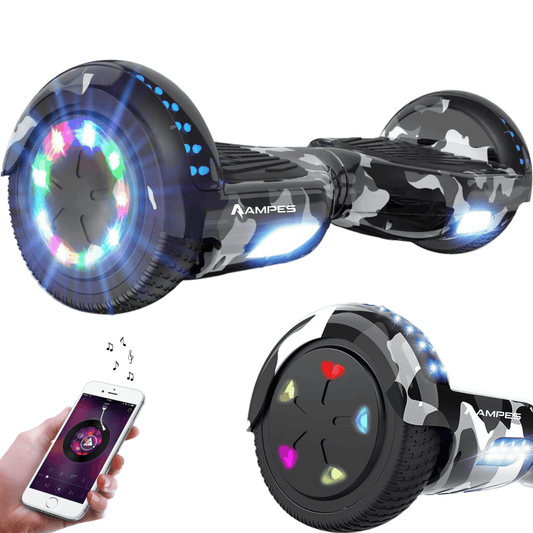 Hoverboard 6,5 pulgadas Camuflaje – vista en tres cuartos con ruedas LED, detalle de la rueda y móvil con app de música