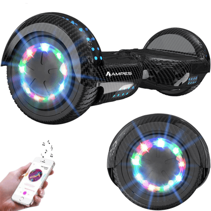 Hoverboard 6,5 pulgadas Carbono – vista en tres cuartos con ruedas LED, detalle de la rueda y móvil con app de música