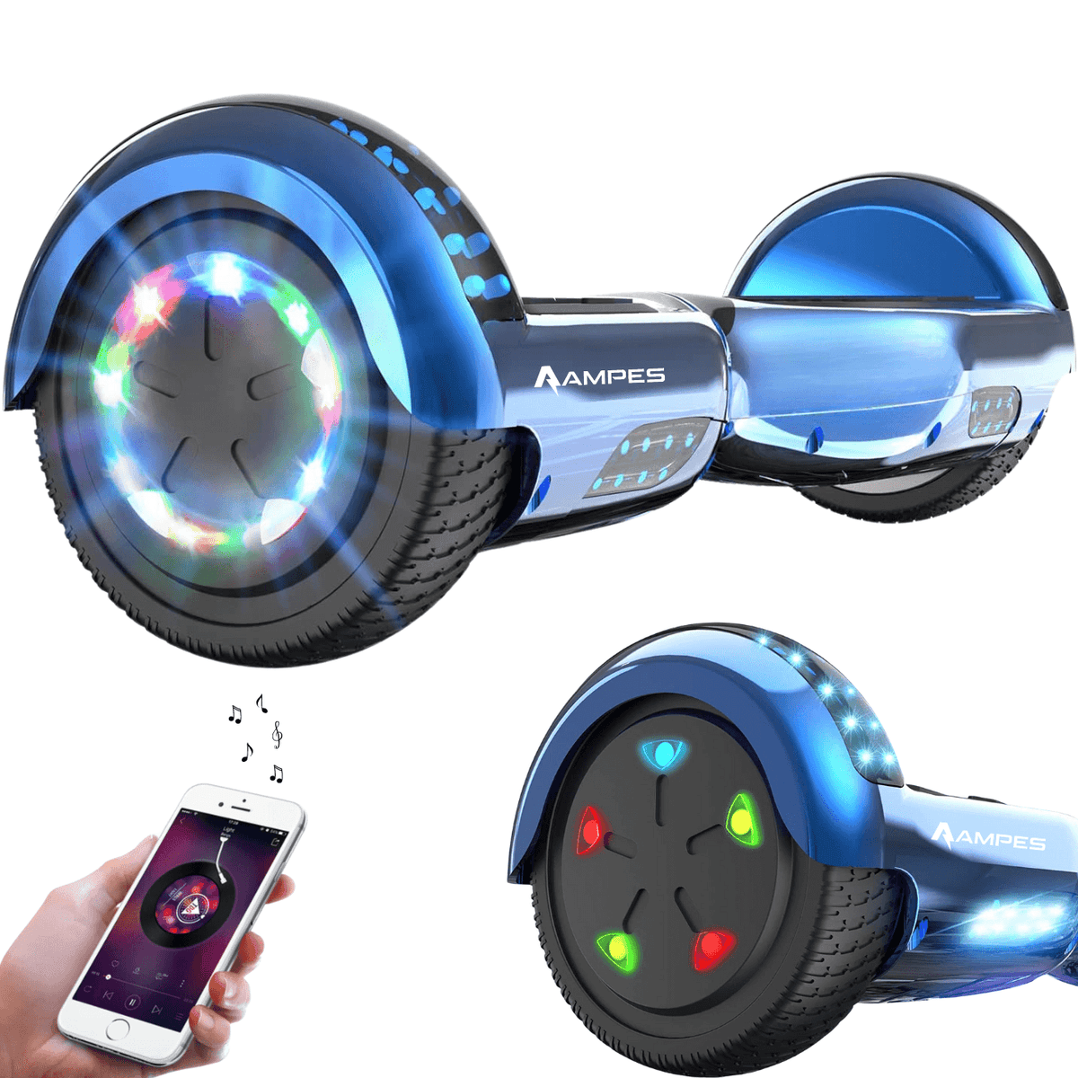 Hoverboard 6,5 pulgadas Cromo Azul – vista en tres cuartos con ruedas LED, detalle de la rueda y móvil con app de música