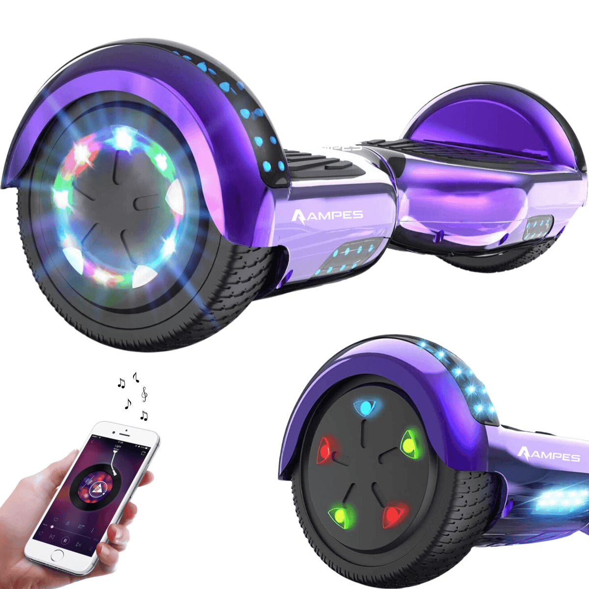 Hoverboard 6,5 pulgadas Cromo Morado – vista en tres cuartos con ruedas LED, detalle de la rueda y móvil con app de música
