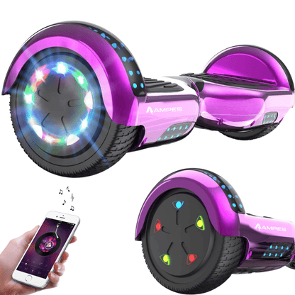 Hoverboard 6,5 pulgadas Cromo Rosa – vista en tres cuartos con ruedas LED, detalle de la rueda y móvil con app de música
