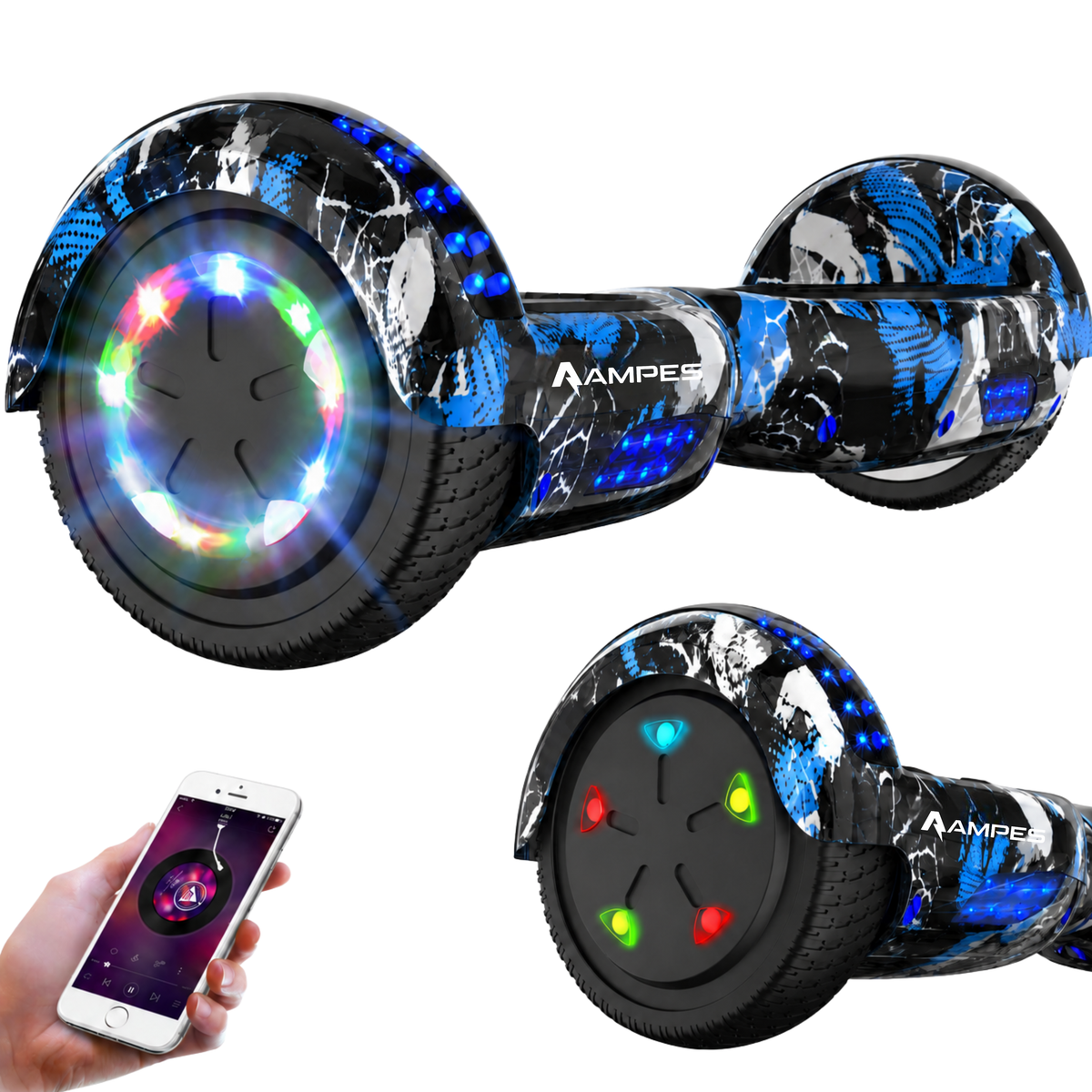 Hoverboard 6,5 pulgadas Graffiti Azul – vista en tres cuartos con ruedas LED, detalle de la rueda y móvil con app de música