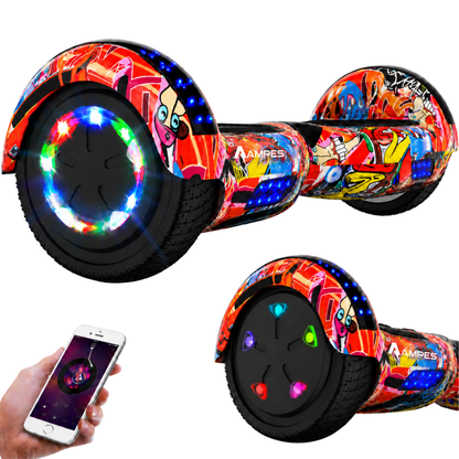 Hoverboard 6,5 pulgadas Graffiti – vista en tres cuartos con ruedas LED, detalle de la rueda y móvil con app de música