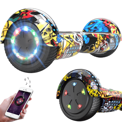 Hoverboard 6,5 pulgadas Hip Hop – vista en tres cuartos con ruedas LED, detalle de la rueda y móvil con app de música