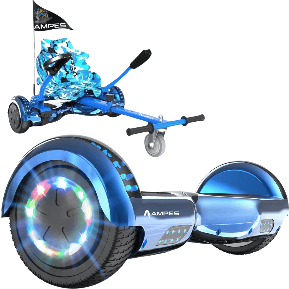 Hoverboard con silla 6,5 pulgadas Cromo Azul + hoverkart Azul – hoverboard y kart azul con asiento de camuflaje azul