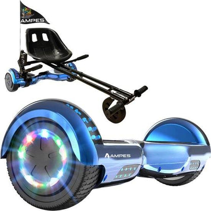 Hoverboard con silla 6,5 pulgadas Cromo Azul + hoverkart con amortiguadores – hoverboard suelto y montado en el kart negro