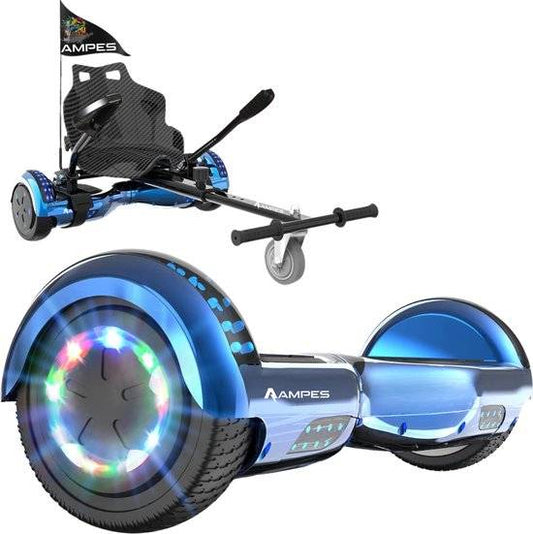 Hoverboard con silla 6,5 pulgadas Cromo Azul + hoverkart – hoverboard suelto y en el kart con asiento efecto carbono