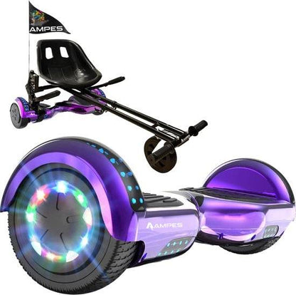 Hoverboard con silla 6,5 pulgadas Cromo Morado + hoverkart con amortiguadores – hoverboard suelto y montado en el kart negro