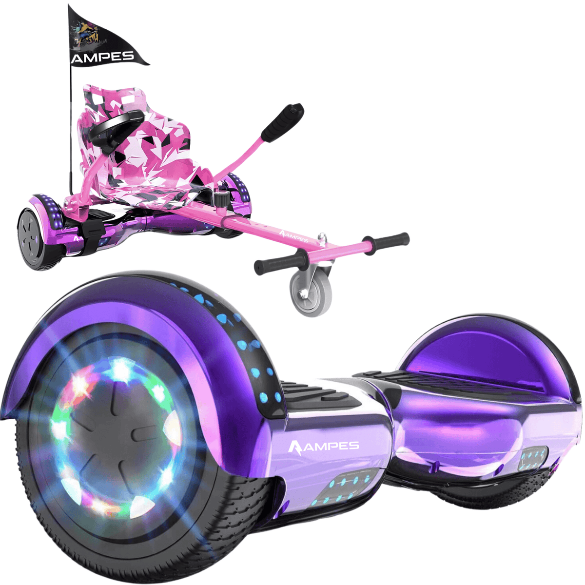 Hoverboard con silla 6,5 pulgadas Cromo Morado + hoverkart Rosa – hoverboard morado y kart rosa con asiento de camuflaje rosa
