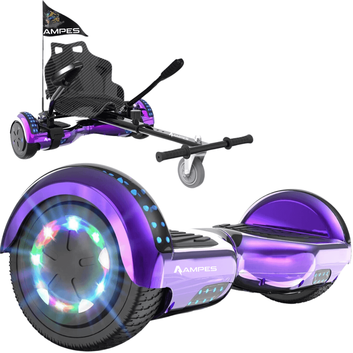 Hoverboard con silla 6,5 pulgadas Cromo Morado + hoverkart – hoverboard suelto y en el kart con asiento efecto carbono