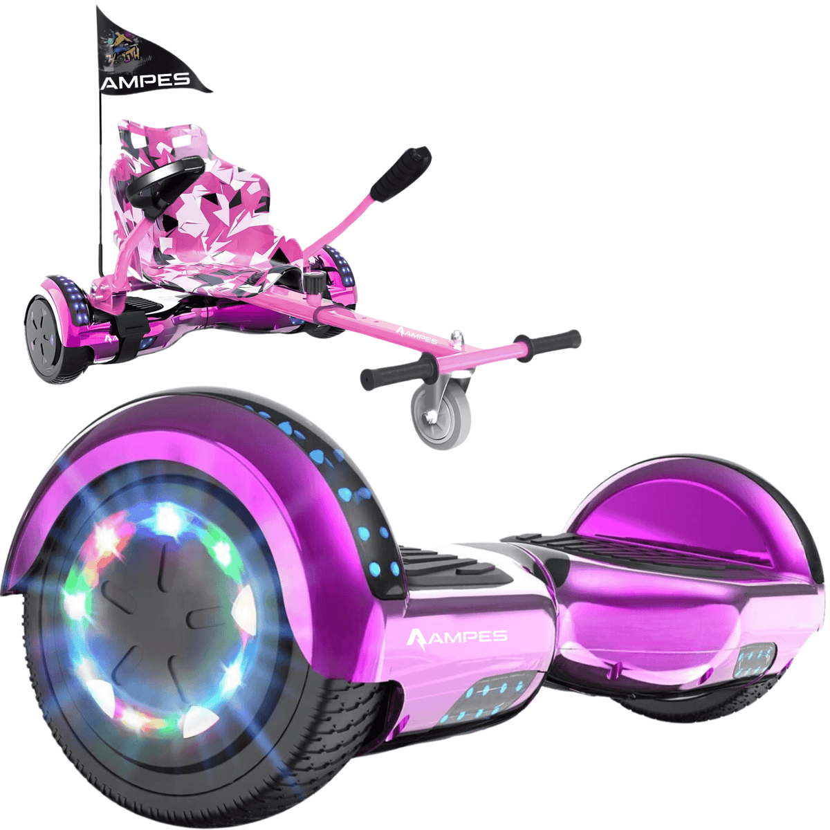 Hoverboard con silla 6,5 pulgadas Cromo Rosa + hoverkart Rosa – hoverboard y kart rosa con asiento de camuflaje rosa