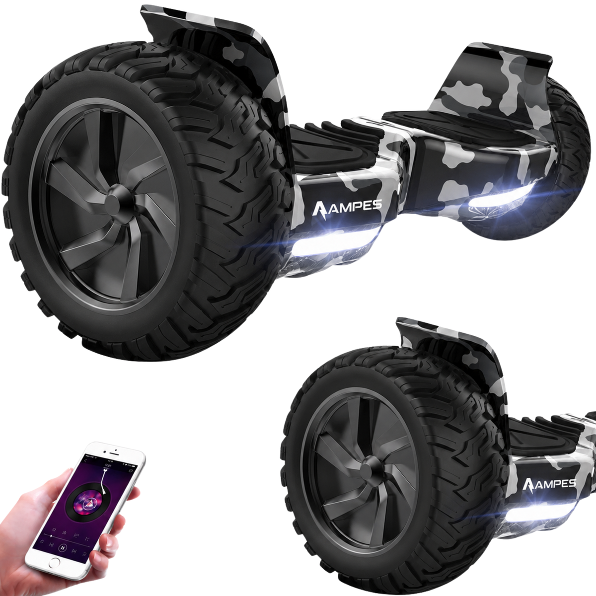 Hoverboard todoterreno 8,5 pulgadas Camuflaje – vista elevada en tres cuartos, detalle del neumático y móvil con música