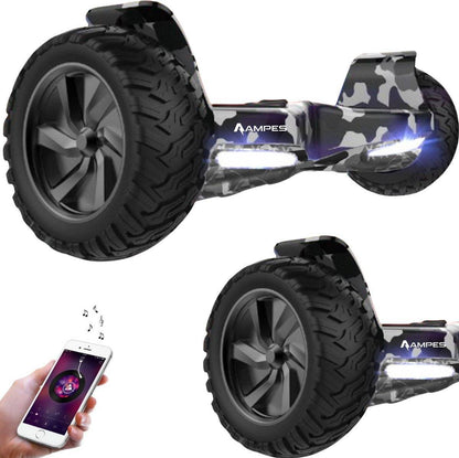 Hoverboard todoterreno 8,5 pulgadas Camuflaje – vista en tres cuartos, detalle del neumático y móvil con app de música