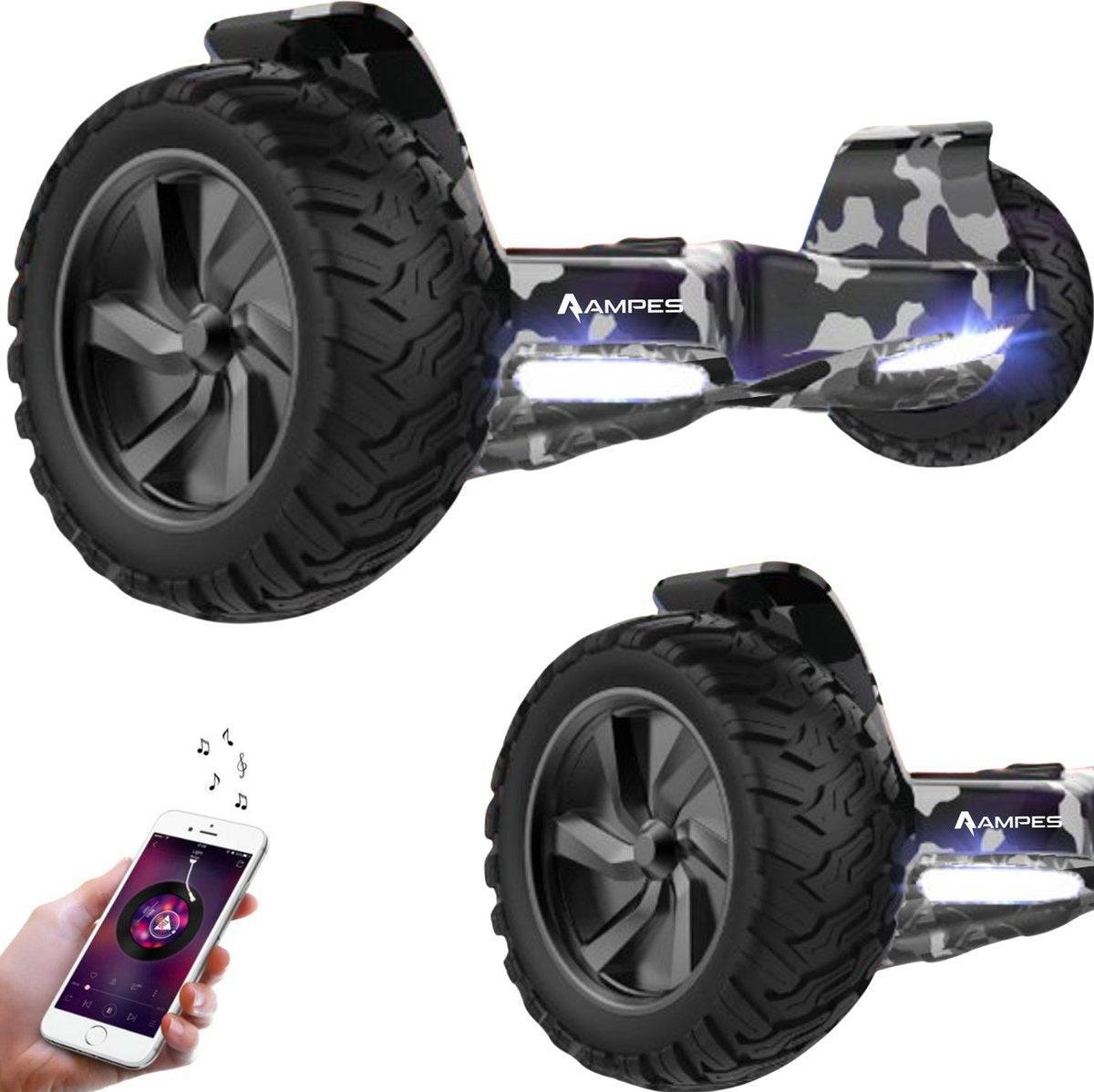 Hoverboard todoterreno 8,5 pulgadas Camuflaje – vista en tres cuartos, detalle del neumático y móvil con app de música