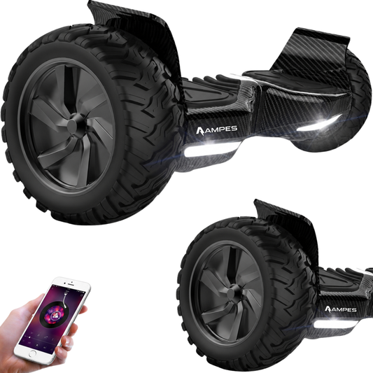 Hoverboard todoterreno 8,5 pulgadas Carbono – vista en tres cuartos, detalle del neumático y móvil con app de música