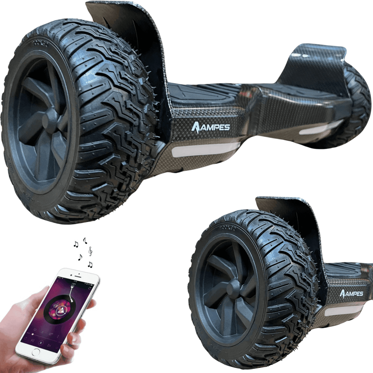Hoverboard todoterreno 8,5 pulgadas Carbono – vista en tres cuartos, detalle del neumático y móvil con app de música