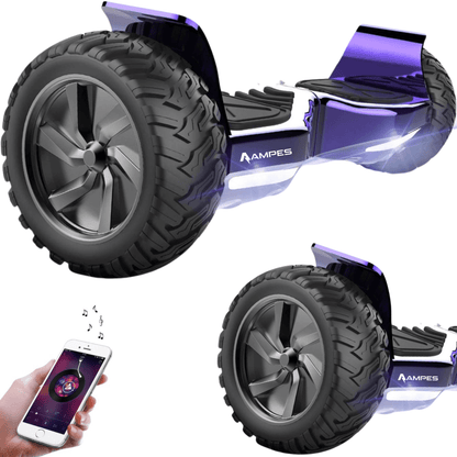 Hoverboard todoterreno 8,5 pulgadas Cromo Morado – vista en tres cuartos, detalle del neumático y móvil con app de música