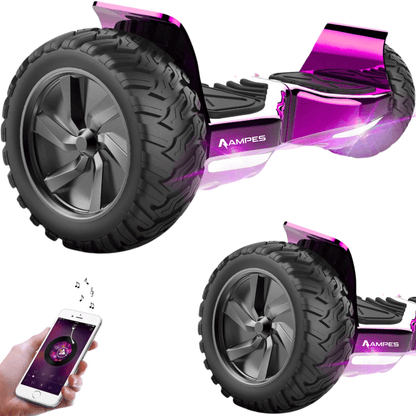 Hoverboard todoterreno 8,5 pulgadas Cromo Rosa – vista en tres cuartos, detalle del neumático y móvil con app de música