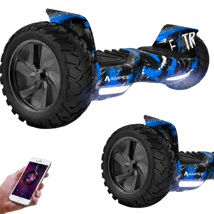 Hoverboard todoterreno 8,5 pulgadas Graffiti Azul – vista en tres cuartos, detalle del neumático y móvil con app de música