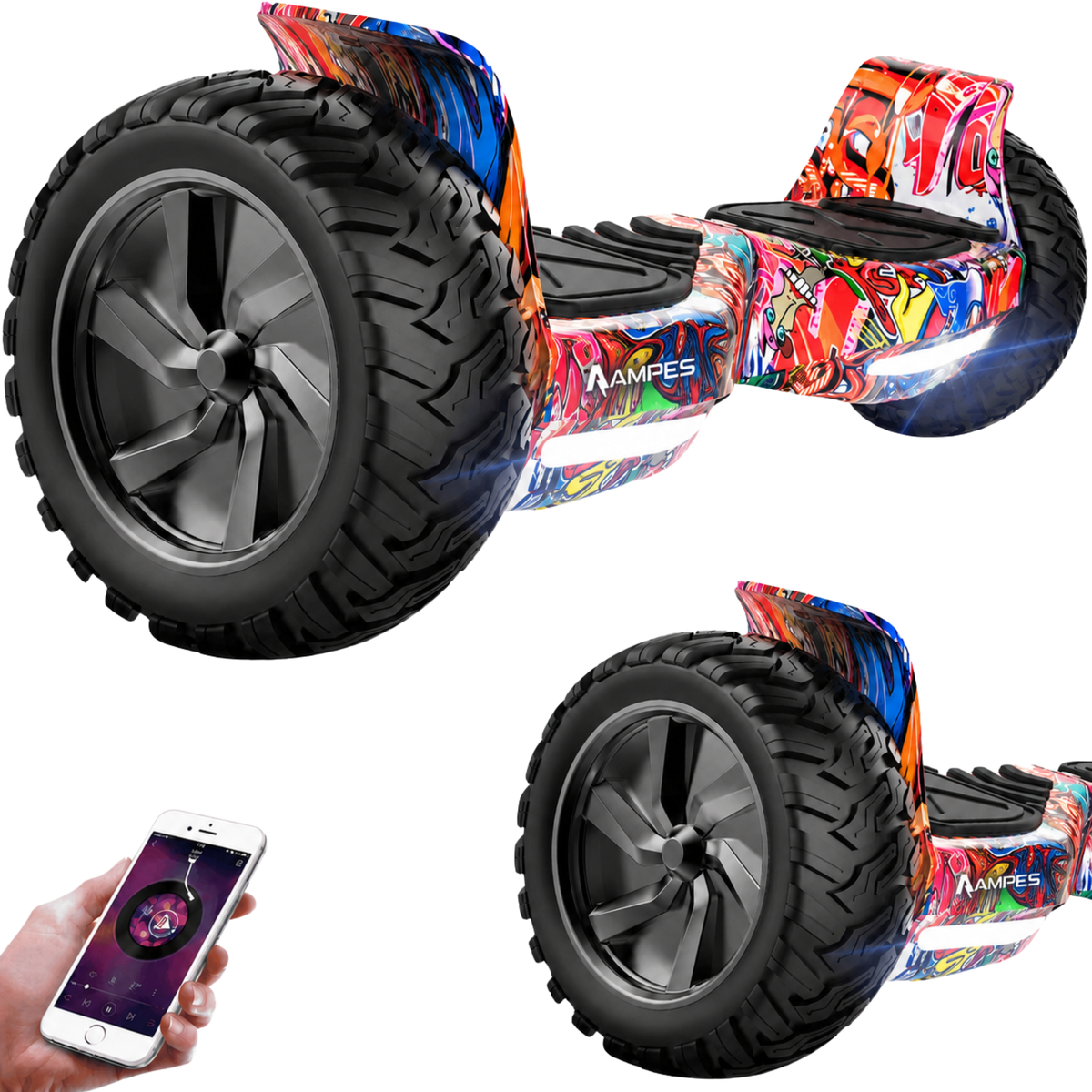 Hoverboard todoterreno 8,5 pulgadas Graffiti – vista en tres cuartos, detalle del neumático y móvil con app de música