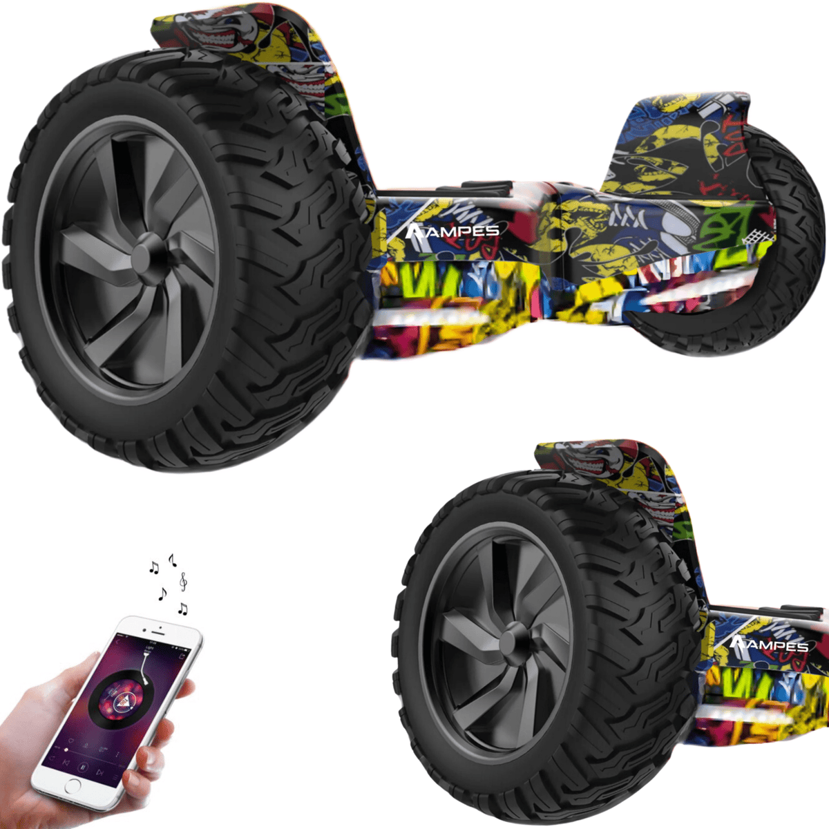 Hoverboard todoterreno 8,5 pulgadas Hip Hop – vista en tres cuartos, detalle del neumático y móvil con app de música