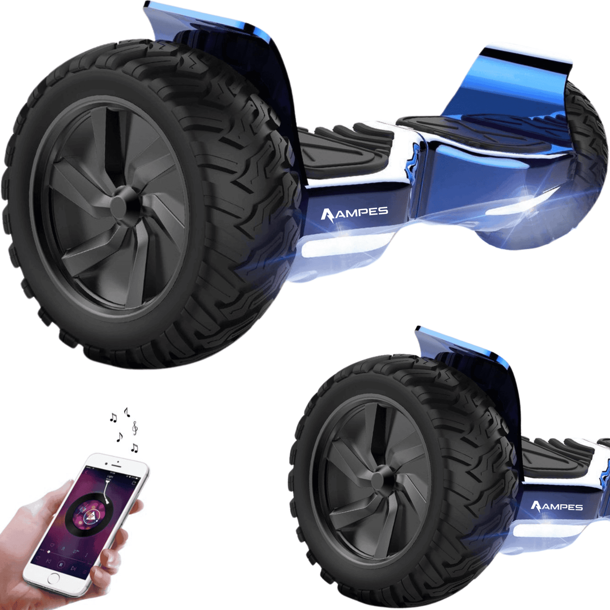 Hoverboard todoterreno con silla 8,5 pulgadas Cromo Azul + hoverkart – el hoverboard sin la silla, en dos vistas