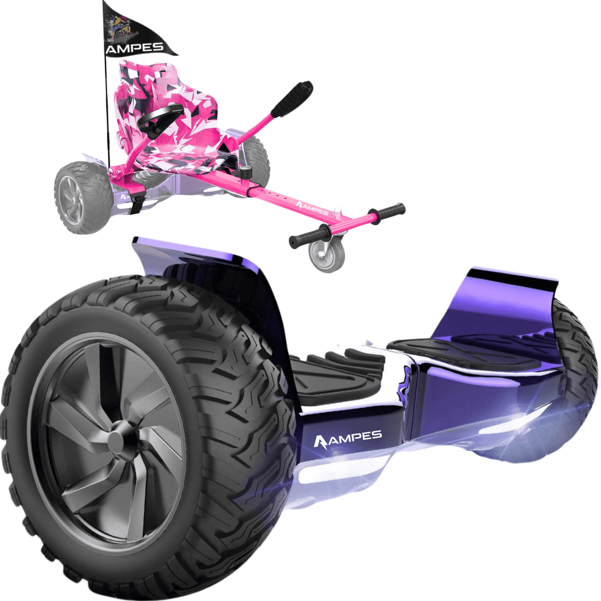 Hoverboard todoterreno con silla 8,5 pulgadas Cromo Morado + hoverkart Rosa – vista completa del pack