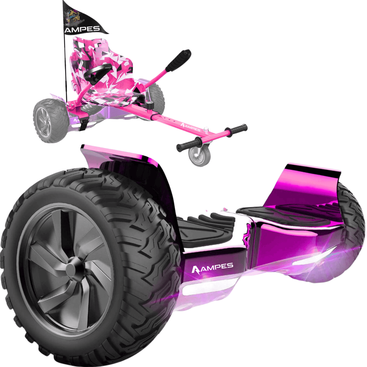 Hoverboard todoterreno con silla 8,5 pulgadas Cromo Rosa + hoverkart Rosa – vista completa del pack
