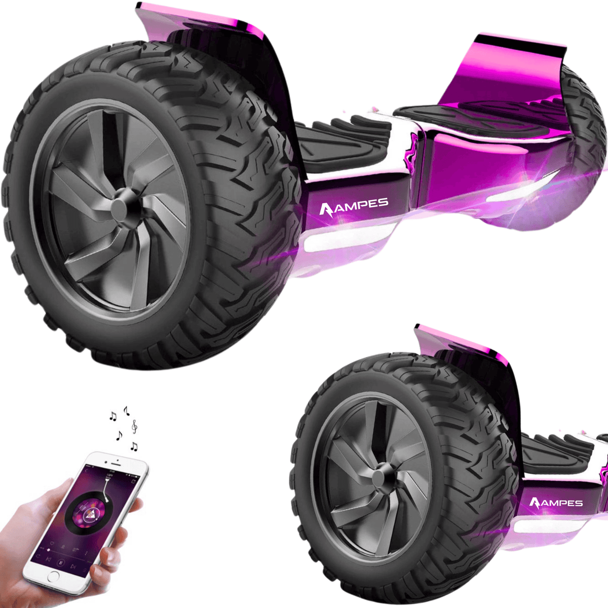 Hoverboard todoterreno con silla 8,5 pulgadas Cromo Rosa + hoverkart Rosa – el hoverboard sin la silla, en dos vistas