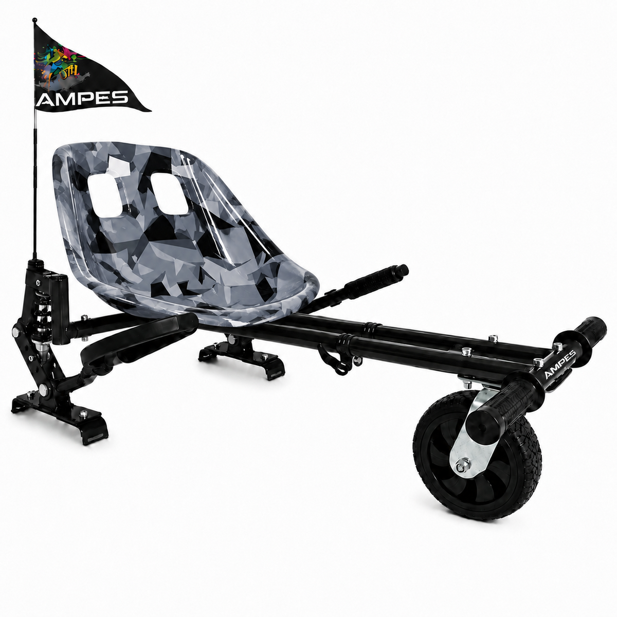 Hoverkart Camuflaje con amortiguadores – vista frontal en tres cuartos con asiento baquet de camuflaje gris y amortiguador