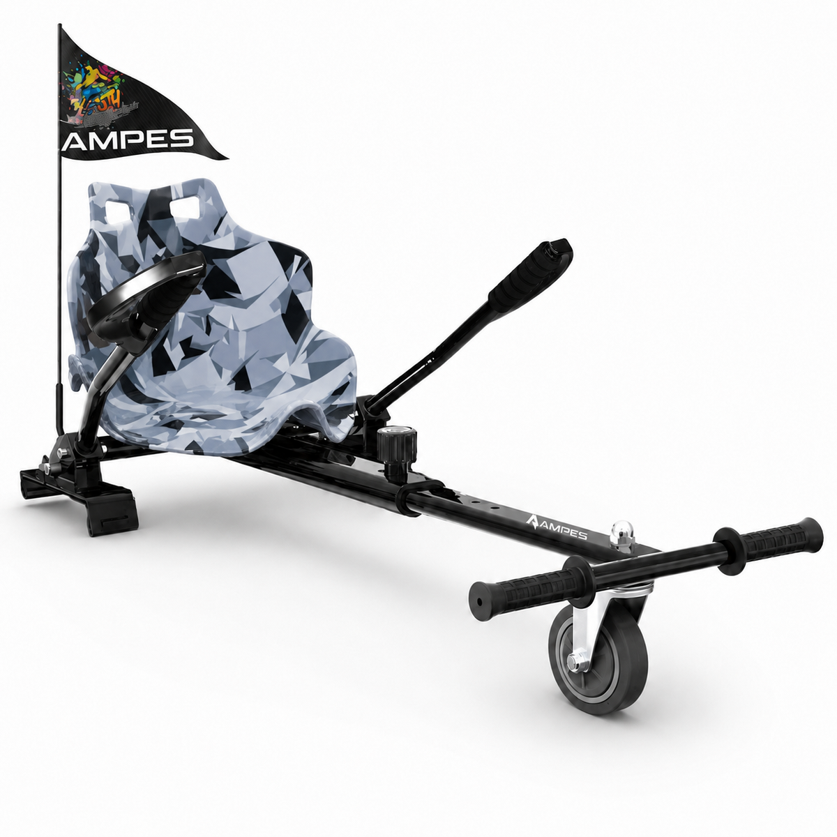 Hoverkart Camuflaje – vista frontal en tres cuartos con asiento de camuflaje gris, bastidor negro y palancas de dirección