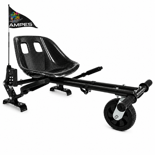 Hoverkart Carbono con amortiguadores – vista frontal en tres cuartos con asiento baquet efecto carbono y amortiguador