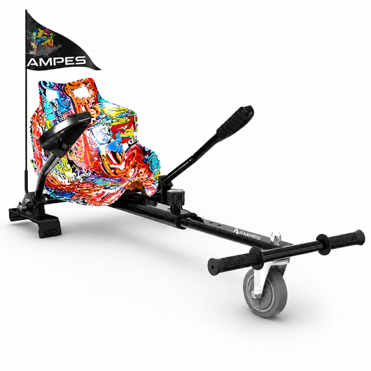 Hoverkart Graffiti – vista frontal en tres cuartos con asiento de grafitis multicolor, bastidor negro y palancas de dirección