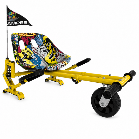 Hoverkart Hip Hop con amortiguadores – vista frontal en tres cuartos con asiento baquet multicolor y amortiguador