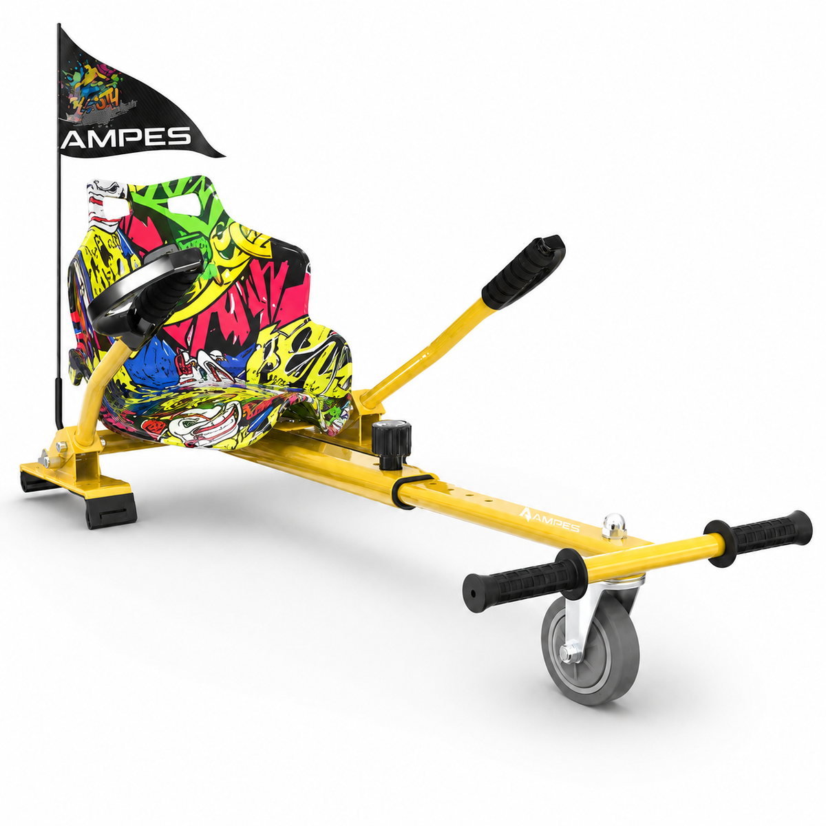 Hoverkart Hip Hop – vista frontal en tres cuartos con bastidor amarillo, asiento multicolor y palancas de dirección