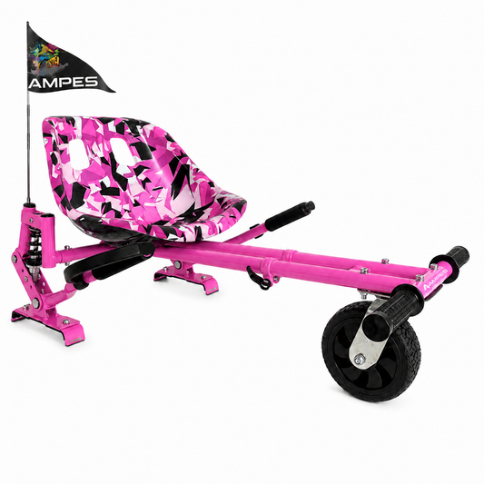 Hoverkart Rosa con amortiguadores – vista frontal en tres cuartos con asiento baquet de camuflaje rosa y amortiguador