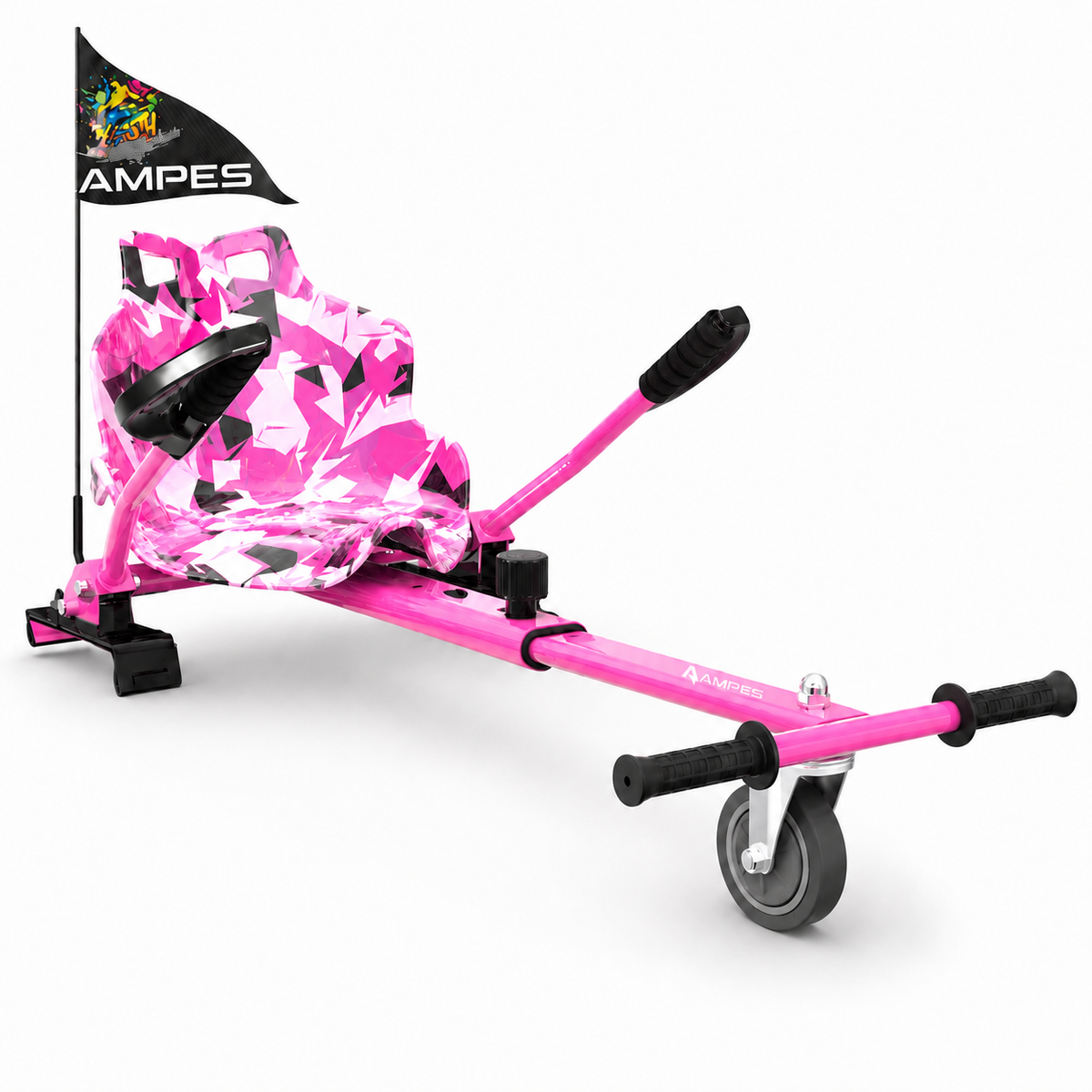 Hoverkart Rosa – vista frontal en tres cuartos con bastidor rosa, asiento de camuflaje rosa y palancas de dirección