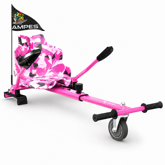 Hoverkart Rosa – vista frontal en tres cuartos con bastidor rosa, asiento de camuflaje rosa y palancas de dirección